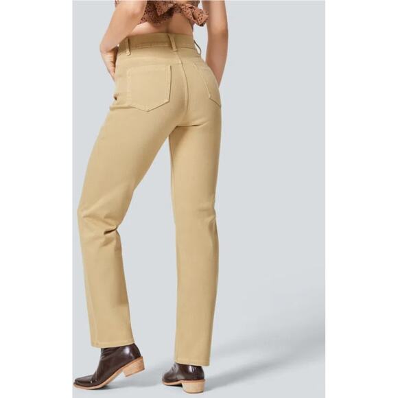 Halara Flex High Waisted Beige Straight Leg Pockets Stretchy Knit Denim Jeans-XS - Picture 6 of 11